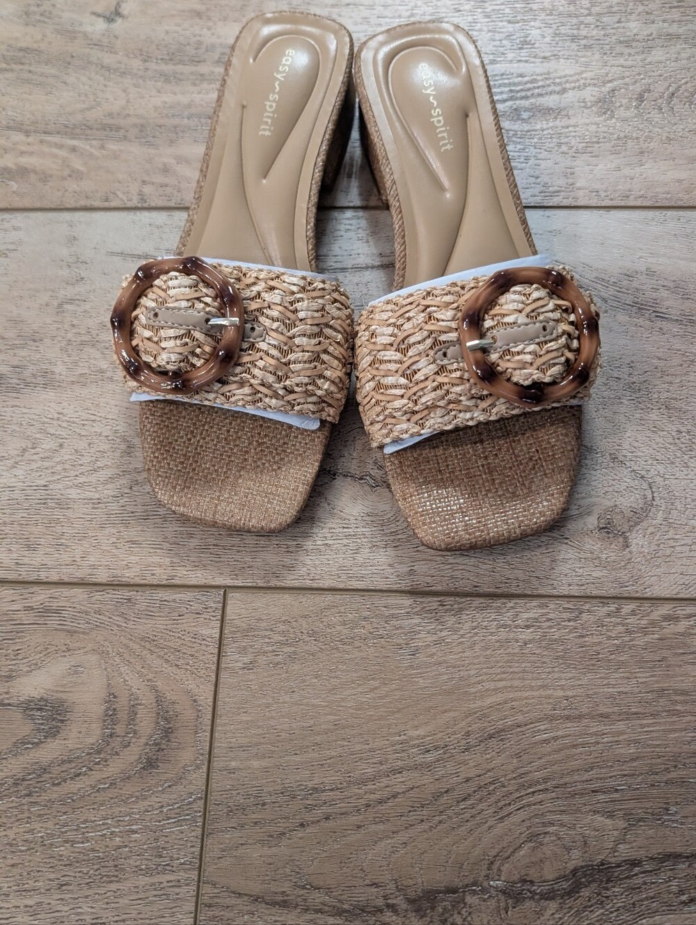 Easy Spirit Woven Tan Slide Sandals with Tortoiseshell Buckles
